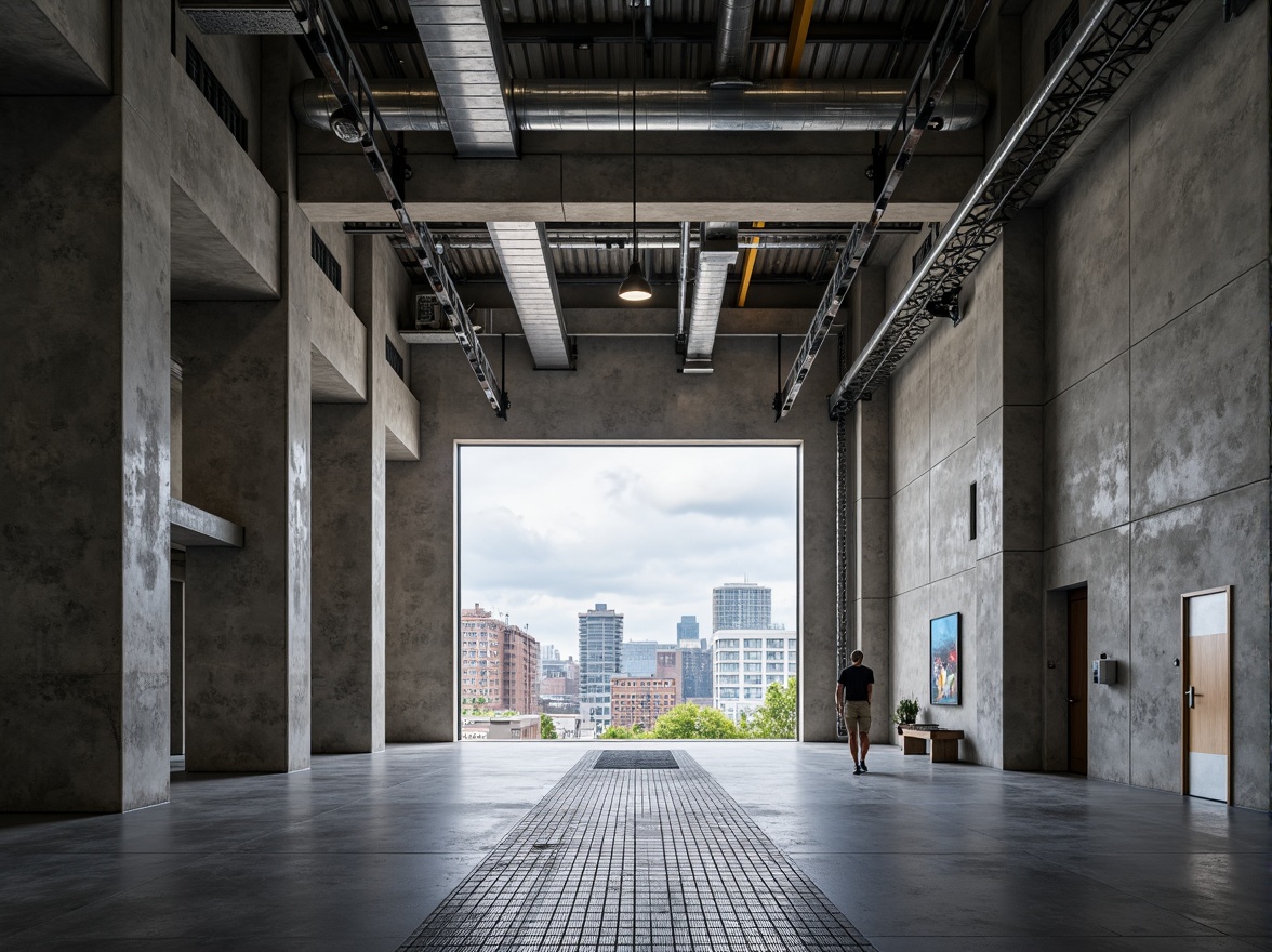 Prompt: Exposed concrete columns, industrial metal beams, raw unfinished surfaces, functional overhead cranes, mechanical ductwork, steel grated walkways, utilitarian lighting fixtures, reinforced concrete walls, angular geometric shapes, minimalist interior design, monochromatic color scheme, dramatic high ceilings, open floor plans, warehouse-style windows, urban cityscape views, cloudy overcast sky, soft diffused lighting, shallow depth of field, 2/3 composition, realistic textures, ambient occlusion.