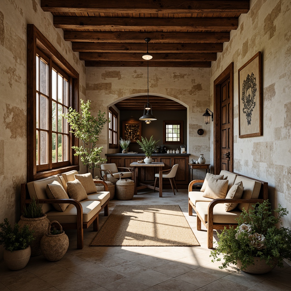 Prompt: Vintage farmhouse, distressed wood accents, rusty metal decor, natural stone walls, earthy color palette, reclaimed wooden beams, wooden ladder, potted greenery, woven baskets, burlap fabrics, soft warm lighting, shallow depth of field, 3/4 composition, panoramic view, realistic textures, ambient occlusion.