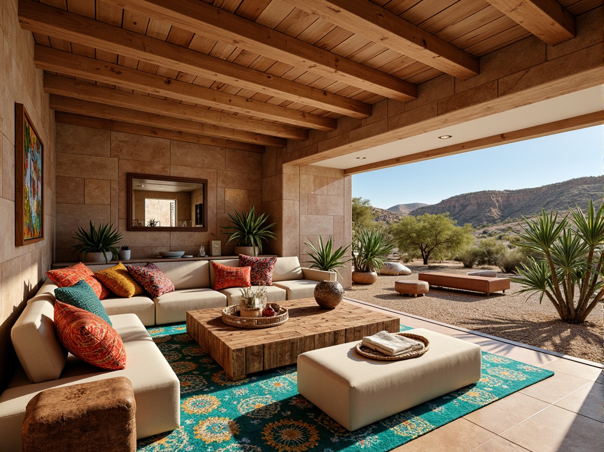 Prompt: Southwestern style basement interior, warm earthy tones, natural stone walls, rustic wooden accents, vibrant turquoise hues, bold geometric patterns, woven textiles, plush area rugs, soft warm lighting, cozy intimate atmosphere, Navajo-inspired motifs, desert landscape views, cacti plants, sunny day, warm beige colors, comfortable seating areas, statement furniture pieces, colorful kilim pillows, richly textured fabrics, global eclectic accents.