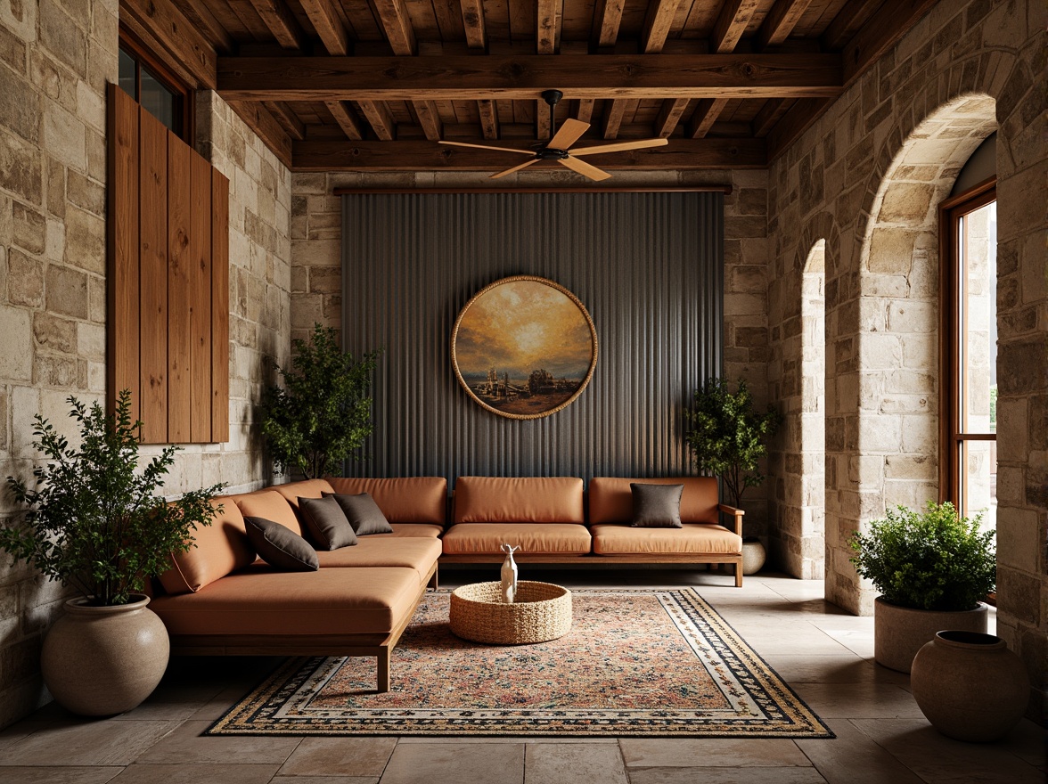 Prompt: Rough stone walls, rustic wooden planks, distressed metal sheets, weathered concrete floors, vintage brick facades, ornate ceramic tiles, intricate mosaic patterns, natural fiber rugs, woven wicker furniture, earthy terracotta pots, aged copper accents, warm golden lighting, shallow depth of field, 1/2 composition, realistic textures, ambient occlusion.