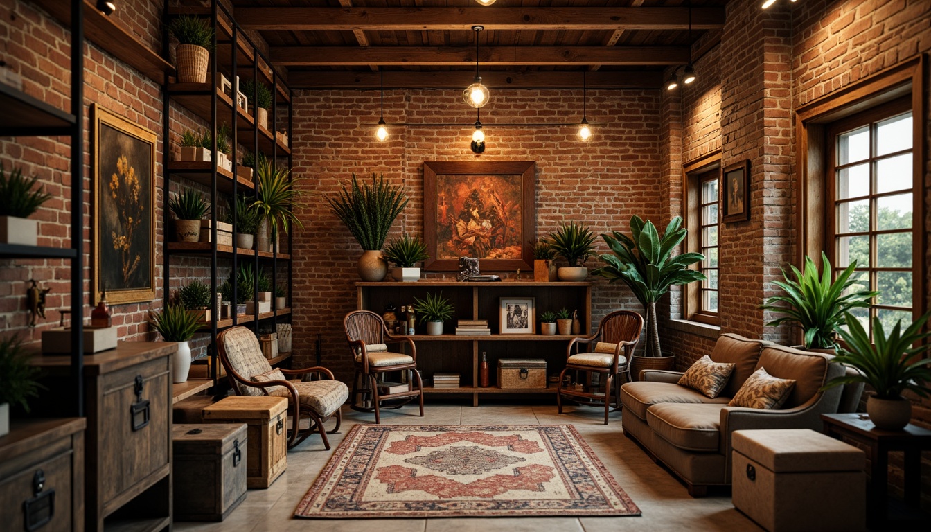 Prompt: Eclectic storage room, distressed wooden crates, vintage metal trunks, woven wicker baskets, ornate antique furniture, rustic brick walls, reclaimed wood shelves, industrial metal shelving units, Edison bulb lighting, warm cozy atmosphere, rich textiles, global-inspired patterns, eclectic decorative accents, natural stone flooring, earthy color palette, soft warm glow, shallow depth of field, 1/2 composition, realistic textures.