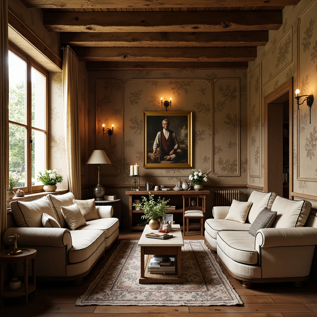 Prompt: Rustic French country interior, distressed wood furniture, soft velvet fabrics, elegant floral patterns, vintage lace accents, warm beige tones, natural linen textures, cozy candlelight, ornate metal fixtures, classic Louis XVI style, refined damask motifs, luxurious silk upholstery, subtle toile de Jouy prints, rich wood paneling, antique furnishings, warm earthy color palette, soft golden lighting, 3/4 composition, intimate atmosphere.