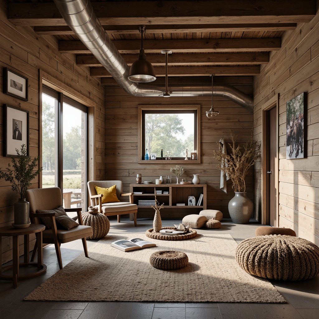 Prompt: Rustic farmhouse, shiplap walls, weathered wood textures, earthy tones, natural materials, vintage farm tools, distressed metal accents, wooden beams, exposed ductwork, industrial lighting fixtures, cozy throw blankets, plush area rugs, warm neutral color palette, soft morning light, shallow depth of field, 1/1 composition, realistic wood grain, ambient occlusion.