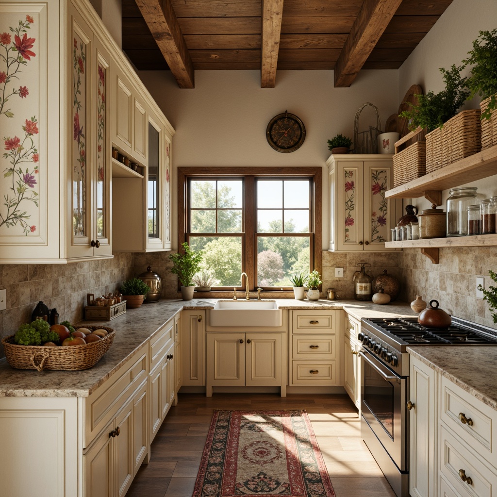 Prompt: Rustic pantry, distressed wood cabinetry, soft cream colors, ornate metal hardware, floral patterns, natural stone countertops, vintage-inspired appliances, earthy tone backsplash, woven baskets, decorative ceramic jars, warm ambient lighting, shallow depth of field, 1/1 composition, realistic textures, subtle shadowing.