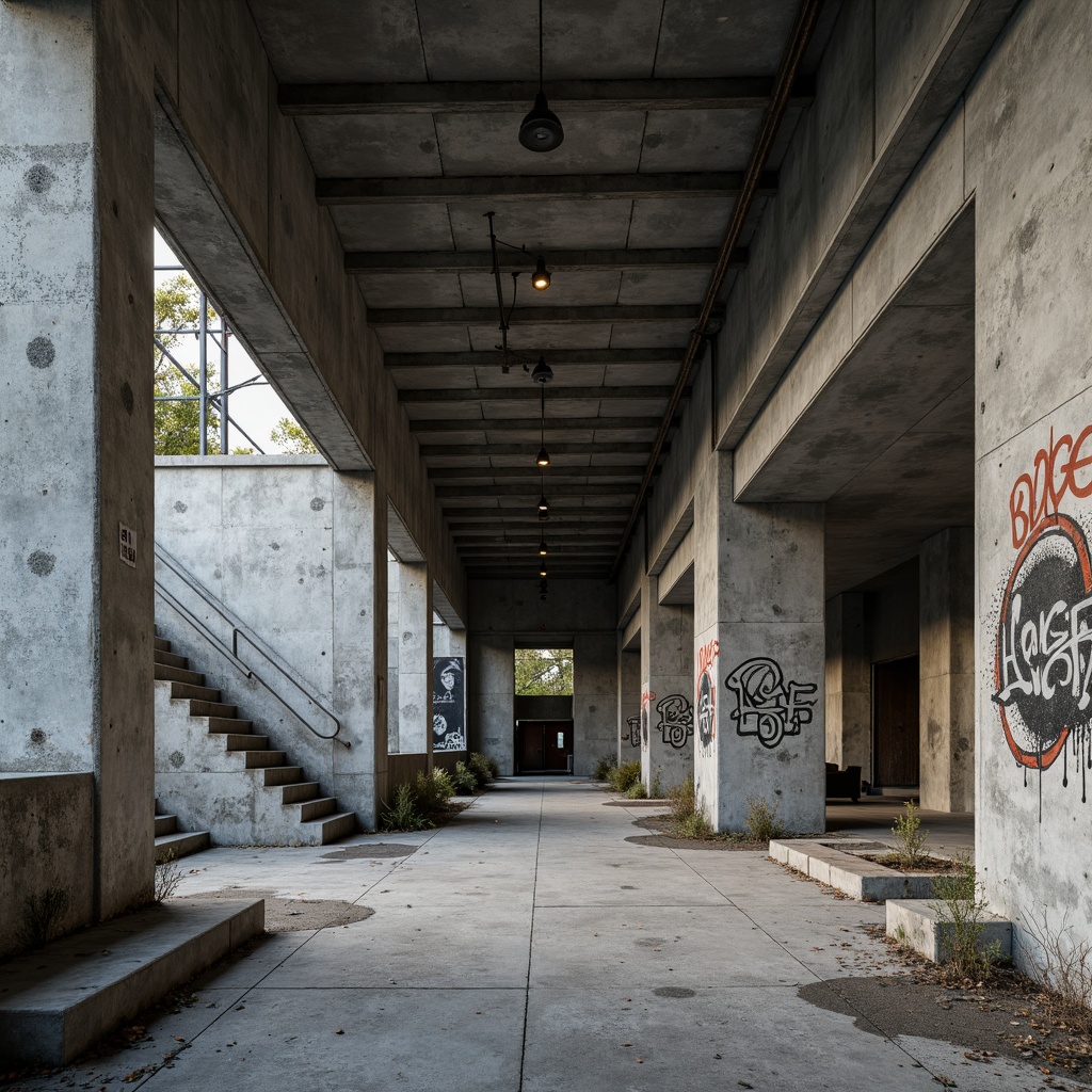 Prompt: Exposed concrete walls, raw brutalist aesthetic, rugged textures, industrial materials, metal beams, urban decay, distressed finishes, graffiti-inspired artwork, cold harsh lighting, dramatic shadows, minimalist decor, functional simplicity, monochromatic color scheme, bold geometric forms, chunky architectural details, weathered surfaces, monumental scale, atmospheric misting, 1/1 composition, high-contrast photography.