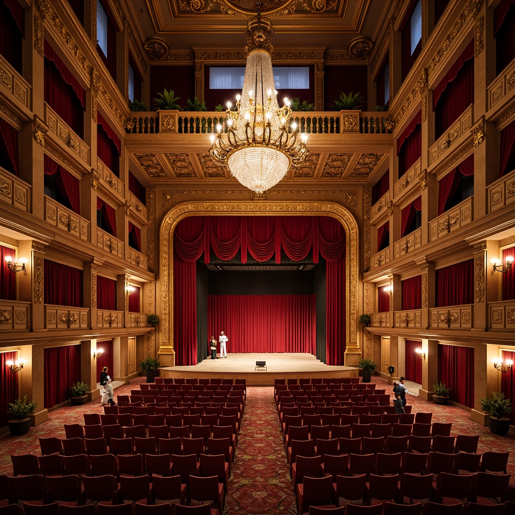 Prompt: Ornate performance hall, rich wood tones, velvet curtains, gilded frames, crystal chandeliers, plush red seats, intricate moldings, ornamental balconies, grand staircases, luxurious carpets, marble floors, high ceilings, dramatic lighting, warm golden glow, soft focus, shallow depth of field, 2/3 composition, symmetrical framing, realistic textures, ambient occlusion.