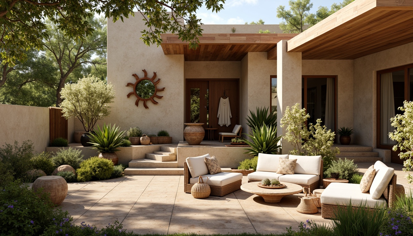 Prompt: Earthy modern residence, warm beige exterior, natural stone walls, wooden accents, lush greenery, blooming flowers, rustic metal decorations, cozy patio seating, soft warm lighting, shallow depth of field, 3/4 composition, realistic textures, ambient occlusion, serene atmosphere, organic shapes, eco-friendly materials, reclaimed wood floors, earthy color palette, natural fabric upholstery, woven baskets, potted plants, nature-inspired artwork.