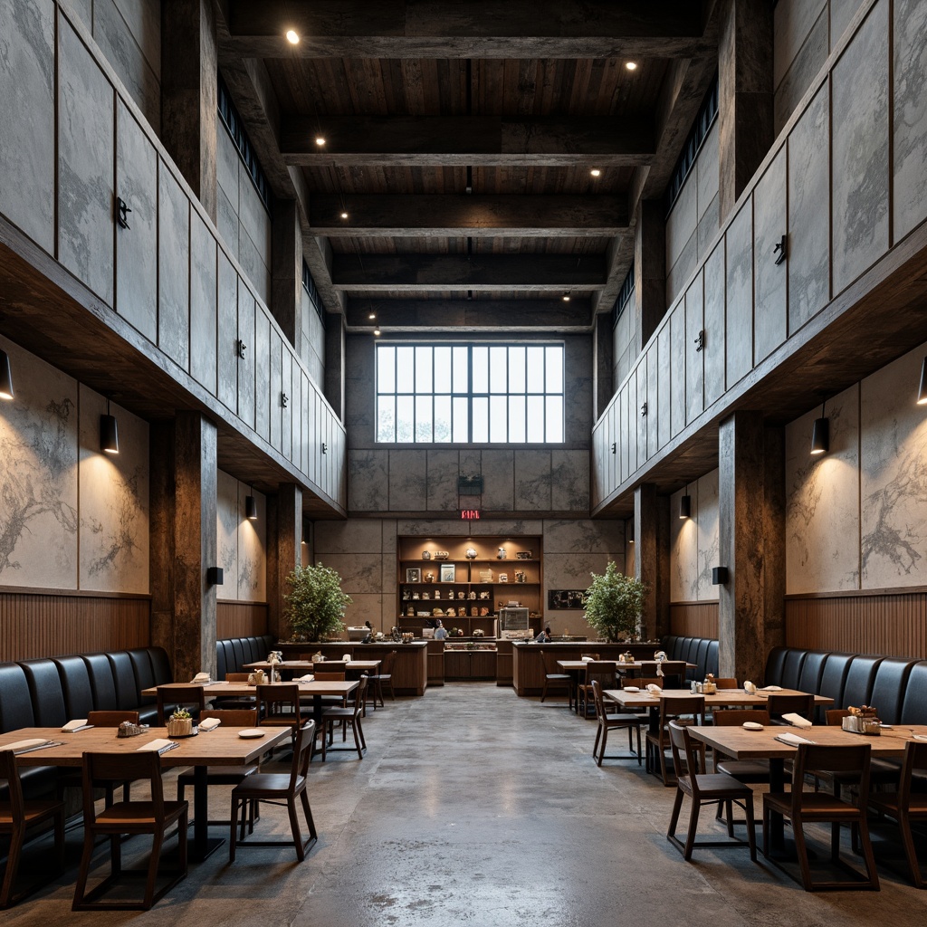 Prompt: Rugged brutalist dining hall, exposed concrete walls, raw metal beams, industrial-style lighting fixtures, bold geometric patterns, distressed wood accents, rough-hewn stone floors, minimalist decor, stark shadows, dramatic high ceilings, cold atmospheric lighting, 3/4 composition, shallow depth of field, realistic textures, ambient occlusion.