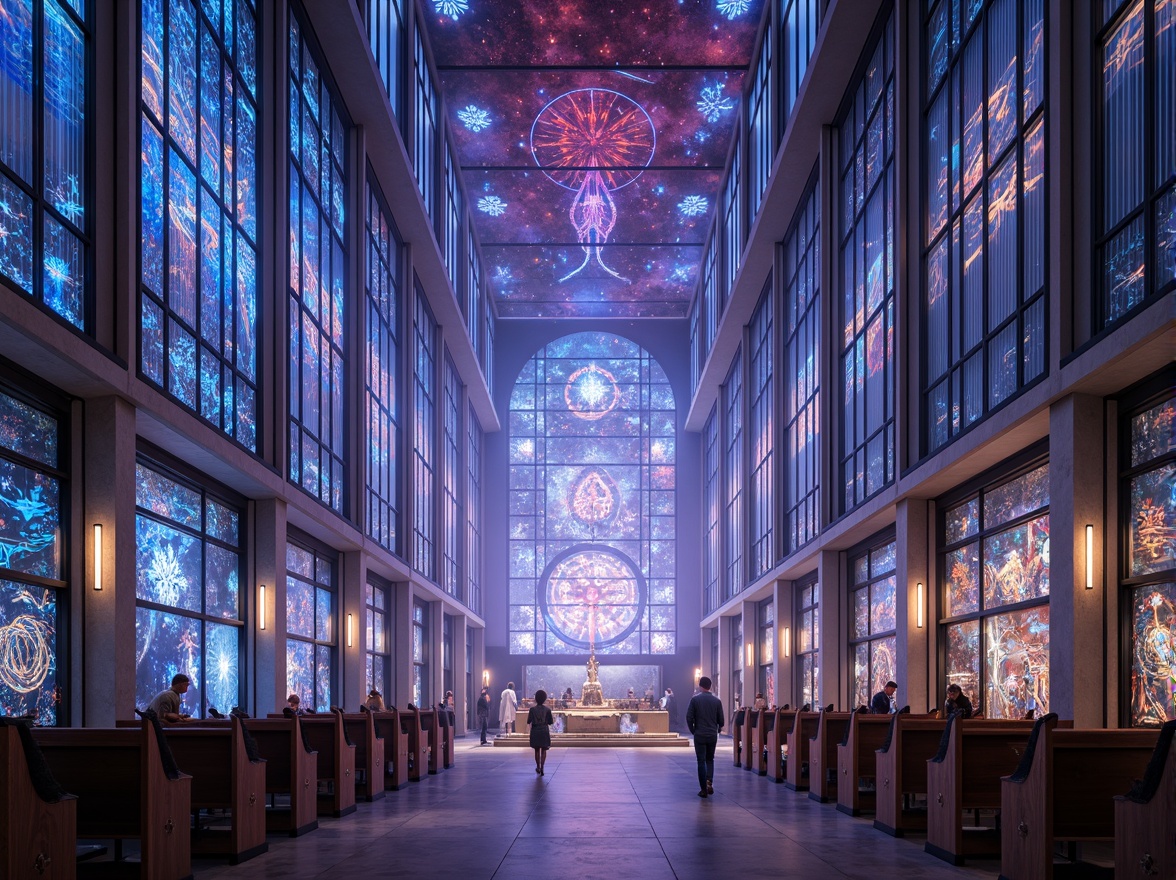 Prompt: Ethereal cathedral, futuristic stained glass windows, ambient LED lighting, holographic projections, sleek metallic accents, minimalist sacred symbols, iridescent colors, glowing archways, celestial-inspired chandeliers, atmospheric fog effects, soft pulsing lights, 3D-printed decorative elements, intricate geometric patterns, neon-lit walkways, cyberpunk-inspired altarpieces, luminescent frescoes, shimmering fabrics, holographic crucifixes, radiant backlighting, shallow depth of field, panoramic view, realistic textures, ambient occlusion.