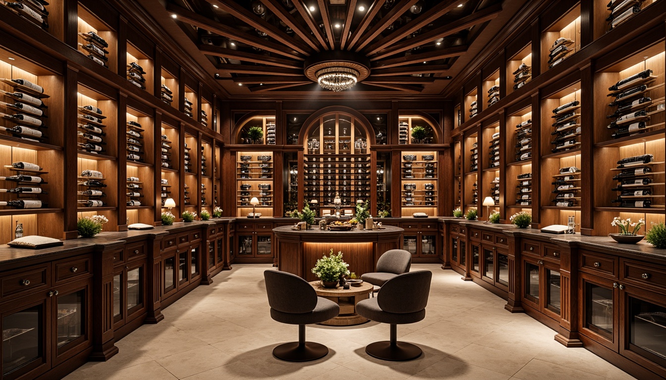 Prompt: Elegant wine cellar, luxurious wooden shelving, sleek metal racks, glass-enclosed cabinets, ambient LED lighting, rich wood tones, polished chrome accents, sophisticated storage solutions, temperature-controlled environments, humidified climates, premium wine displays, curved lines, ornate carvings, lavish decorations, dramatic floor-to-ceiling installations, modern minimalist designs, functional art pieces.