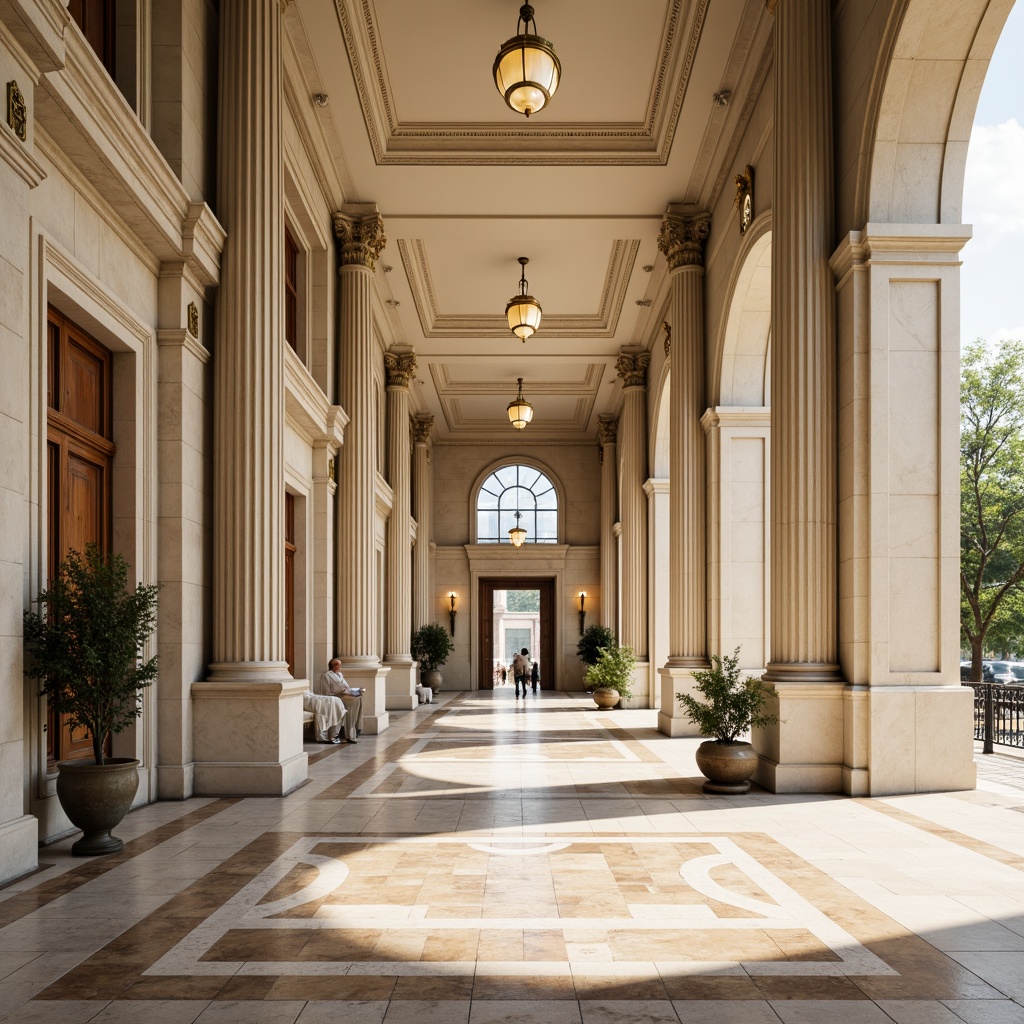 Prompt: Grandiose office building, Corinthian columns, ornate capitals, fluted shafts, classic arches, rusticated bases, luxurious marble floors, polished bronze fixtures, elegant chandeliers, cream-colored walls, high ceilings, large windows, natural stone cladding, symmetrical facade, 3/4 composition, soft warm lighting, shallow depth of field, realistic textures, ambient occlusion.