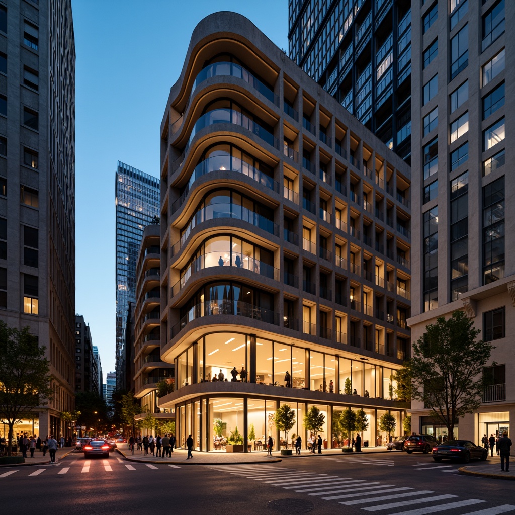 Prompt: Curved building facade, textured walls, streamline moderne architecture, luxurious materials, metallic accents, sleek lines, minimalist decor, floor-to-ceiling windows, sliding glass doors, urban cityscape, busy streets, modern skyscrapers, vibrant nightlife, warm golden lighting, shallow depth of field, 1/1 composition, realistic reflections, ambient occlusion.