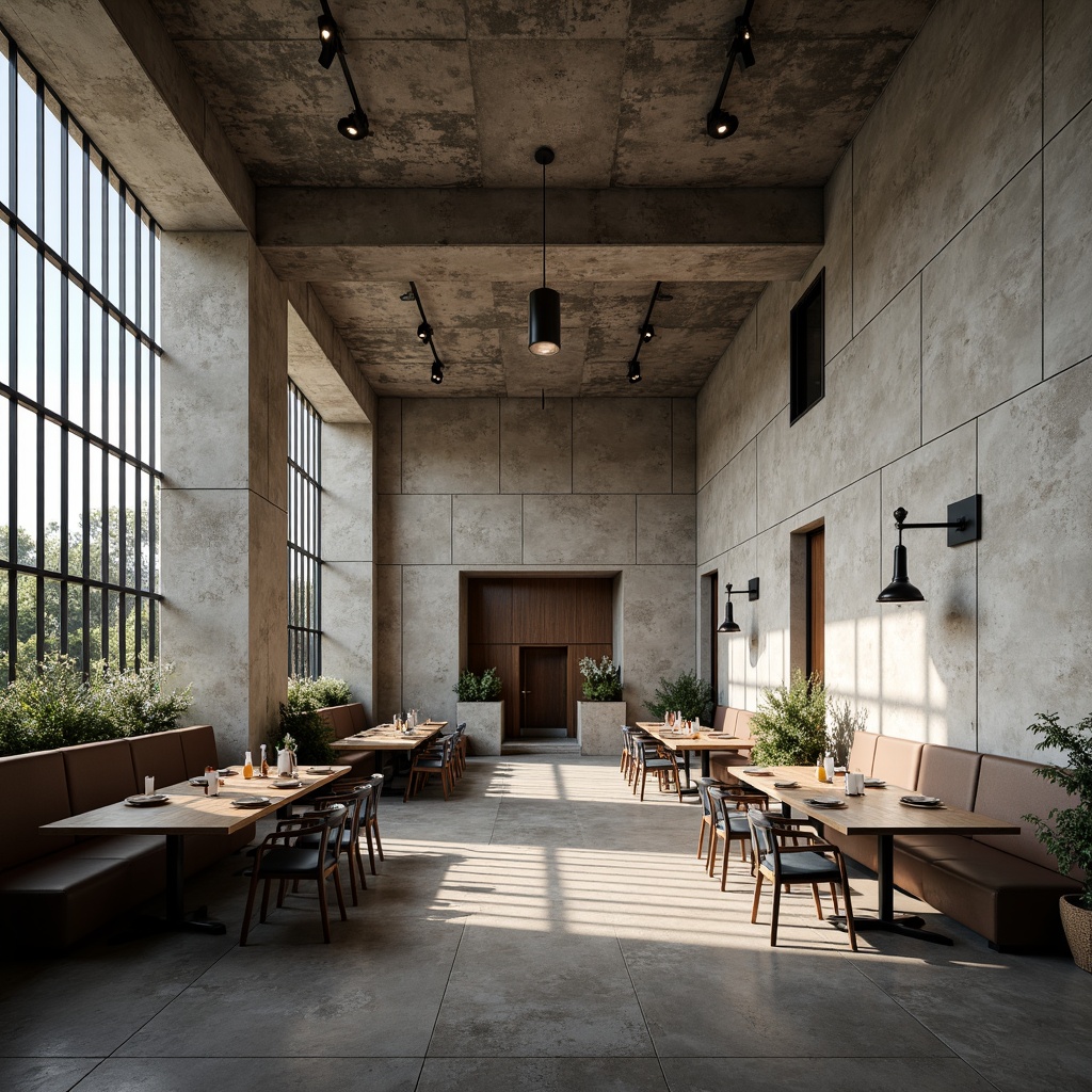 Prompt: Rugged brutalist dining hall, exposed concrete walls, raw industrial materials, minimalist decor, functional spatial arrangement, communal seating areas, long wooden tables, steel chairs, pendant lighting fixtures, urban ambiance, neutral color palette, bold geometric shapes, dramatic high ceilings, natural light pouring in, subtle shadows, 1/1 composition, realistic textures, ambient occlusion.