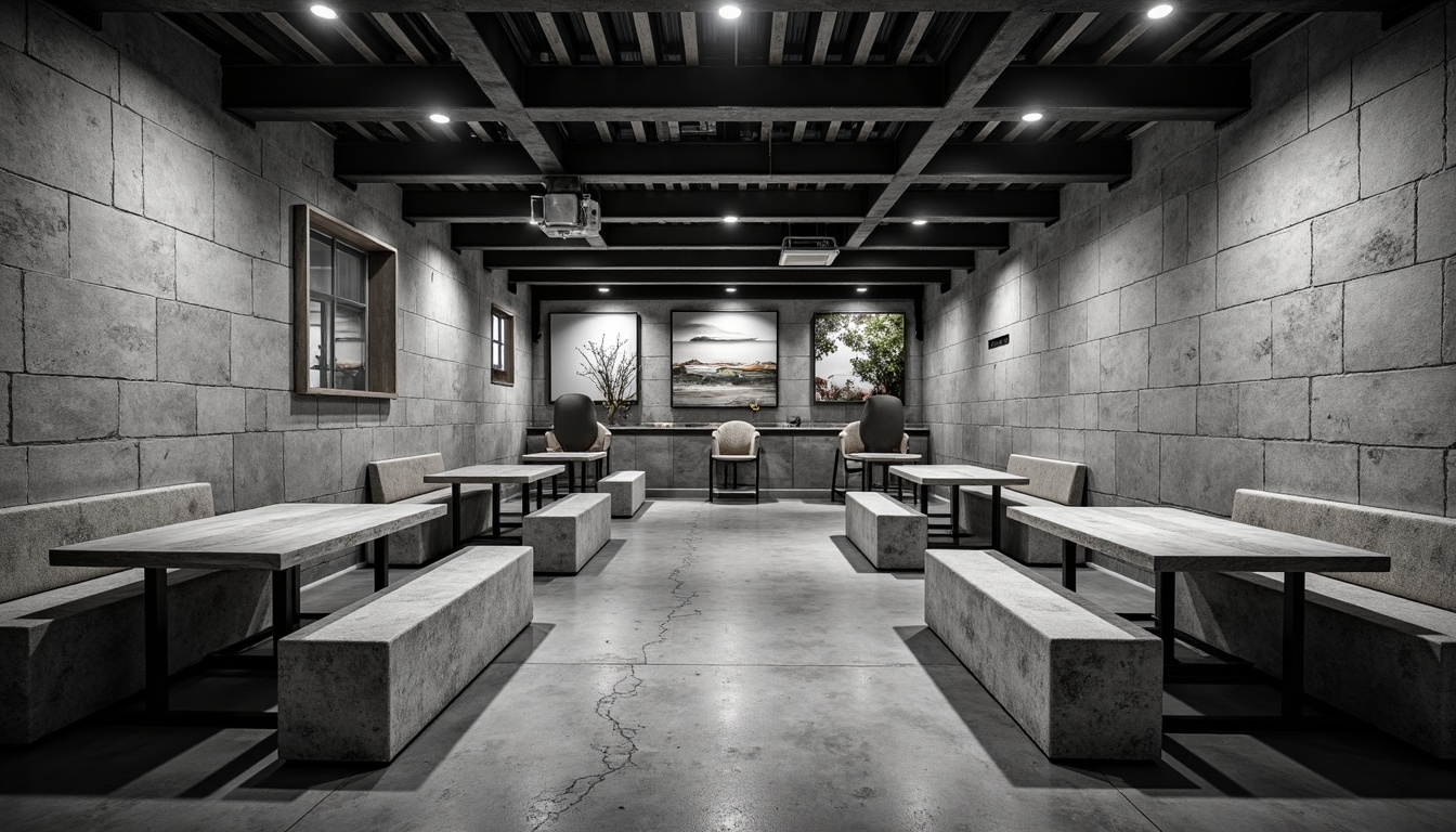 Prompt: Rough-hewn stone walls, cold concrete floors, brutalist architecture, industrial metal beams, exposed ductwork, minimalist decor, monochromatic color scheme, stark lighting, dramatic shadows, contrasting textures, smooth wooden tables, rough-hewn stone benches, industrial-style chairs, metallic accents, urban aesthetic, 1/1 composition, high-contrast lighting, cinematic atmosphere.