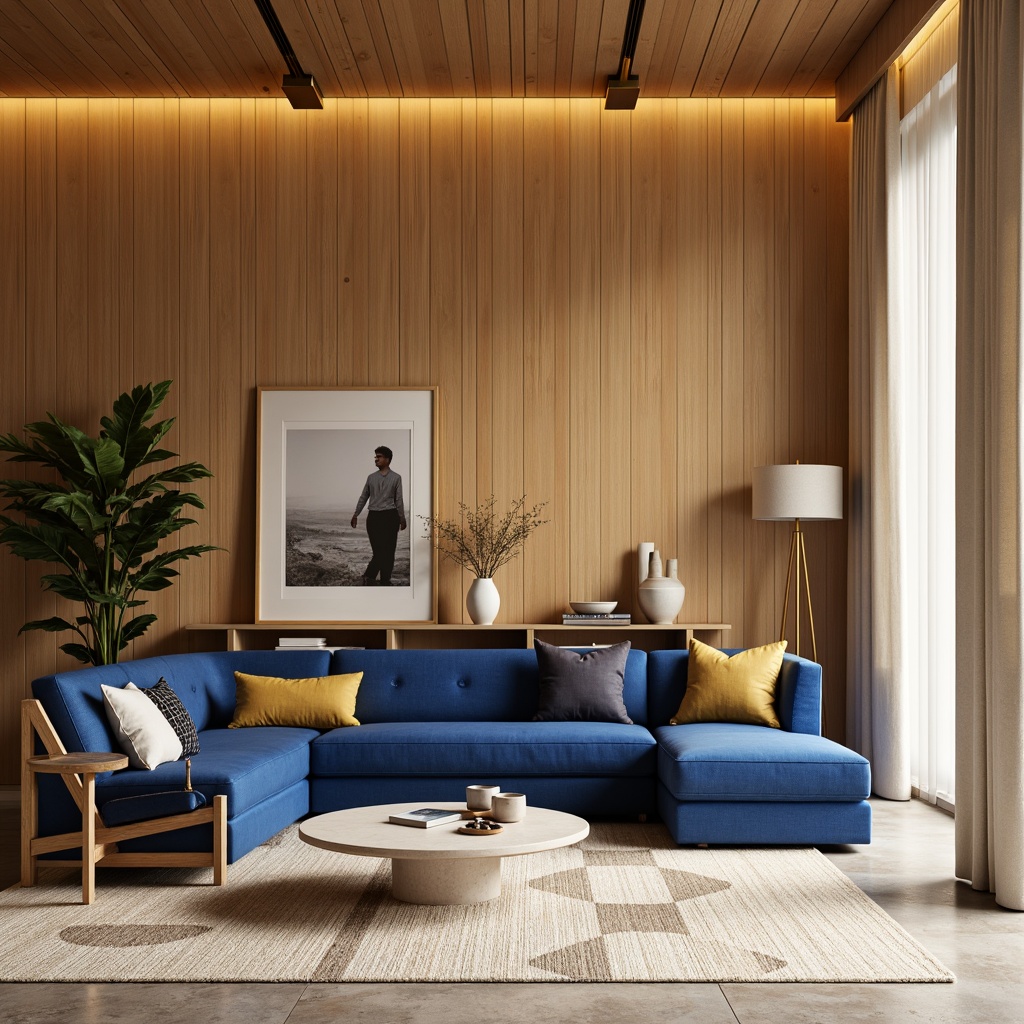 Prompt: Vibrant living room, warm beige walls, rich wood accents, bold blue furniture, soft cream carpets, natural stone flooring, modern minimalist decor, geometric patterned rugs, metallic gold lighting fixtures, ambient warm glow, shallow depth of field, 1/1 composition, realistic textures, soft focus, cozy atmosphere.