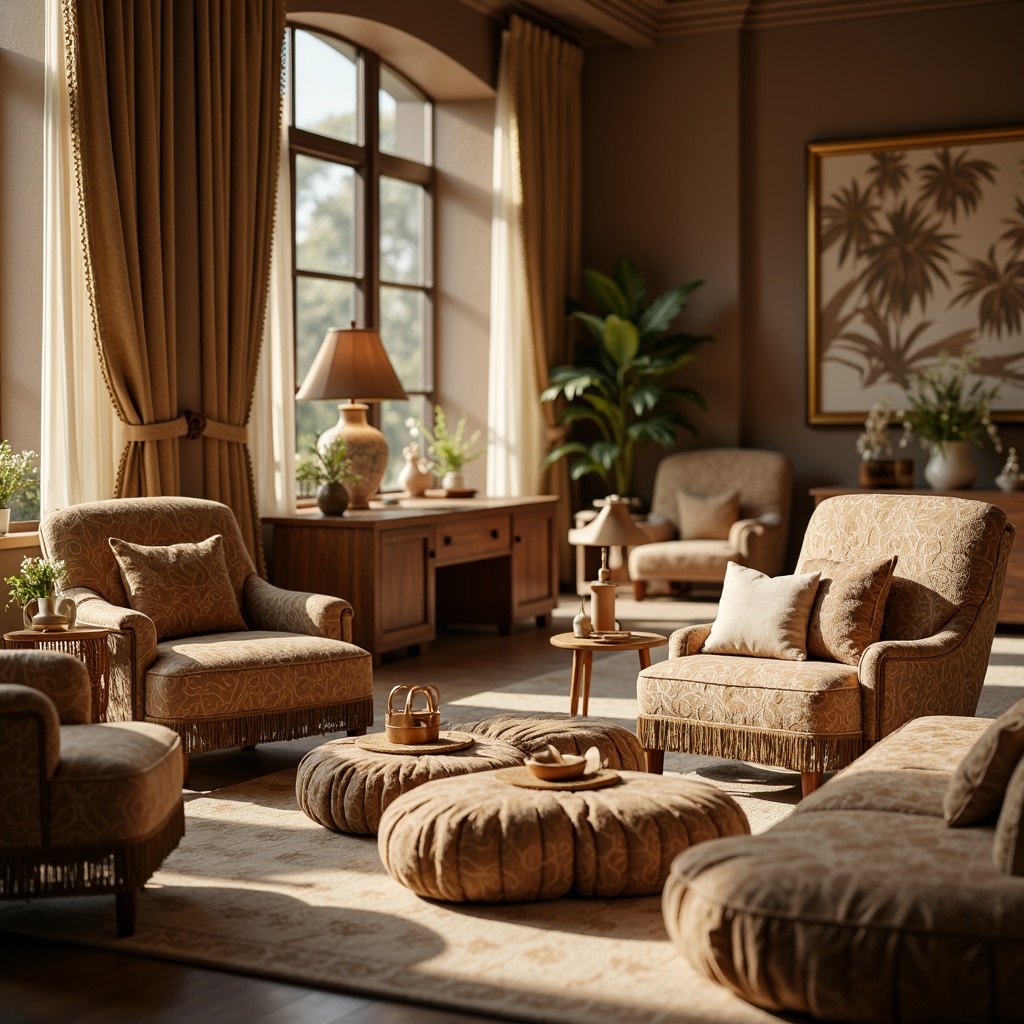 Prompt: Luxurious velvet fabrics, soft plush cushions, warm beige tones, rich brocade patterns, ornate tassels, intricate embroidery, comfortable lounging spaces, cozy reading nooks, elegant drapery, heavy linen curtains, natural fiber textiles, earthy color palette, inviting ambiance, warm golden lighting, shallow depth of field, 1/1 composition, realistic fabric simulations.