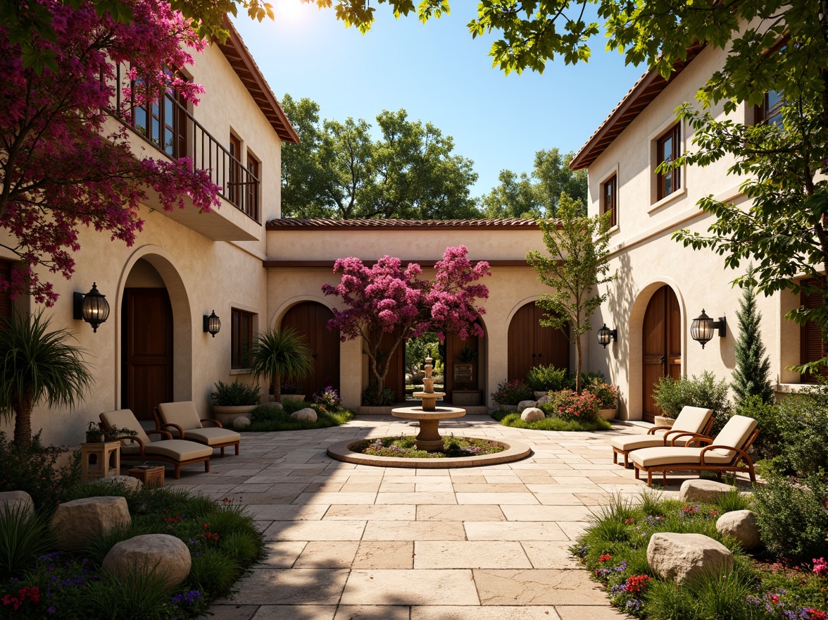 Prompt: Warm Mediterranean courtyard, lush greenery, vibrant bougainvillea, ornate fountains, rustic stone walls, curved archways, wooden shutters, terra cotta roofs, bright blue skies, warm sunny day, soft golden lighting, shallow depth of field, 3/4 composition, panoramic view, realistic textures, ambient occlusion, natural stonework, wrought iron railings, ornate metal lanterns, colorful ceramic tiles, cozy outdoor seating areas, fragrant herb gardens.