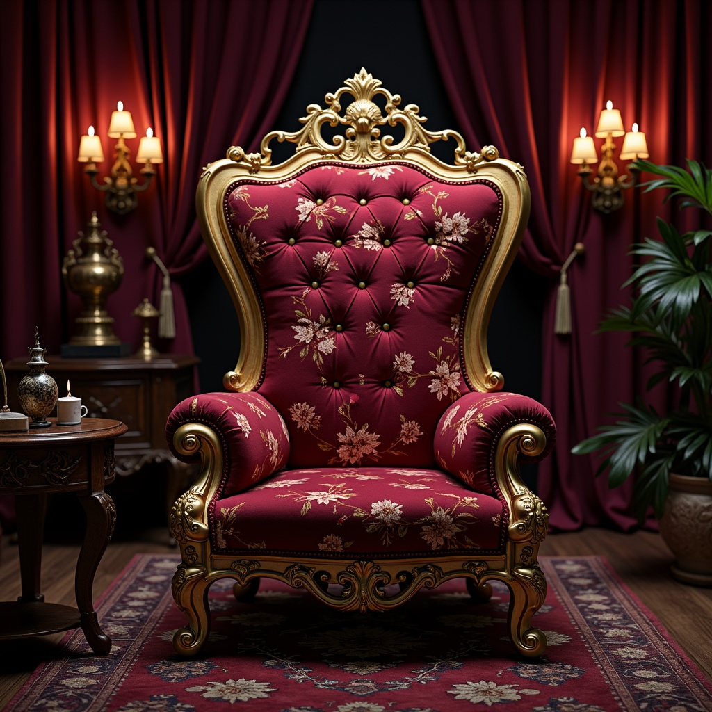 Prompt: Opulent throne-like chair, velvet upholstery, rich gold embroidery, intricate floral patterns, soft silk fabrics, luxurious satin draping, ornate carvings, gilded accents, regal crimson red, majestic purple hues, lavish furnishings, aristocratic ambiance, warm candlelight, subtle shading, 1/1 composition, realistic textures, detailed normal maps.