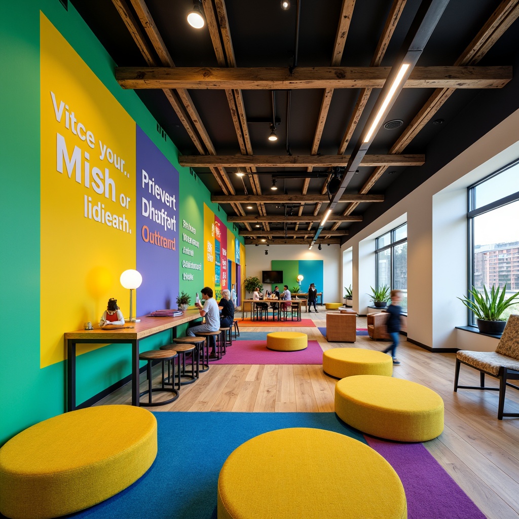 Prompt: Vibrant youth center, bright color blocking, energetic atmosphere, modern minimalist design, bold typography, playful murals, inspirational quotes, comfortable lounge seating, natural wood accents, pops of neon green, electric blue, sunny yellow, dynamic lighting, shallow depth of field, 3/4 composition, panoramic view, realistic textures, ambient occlusion.