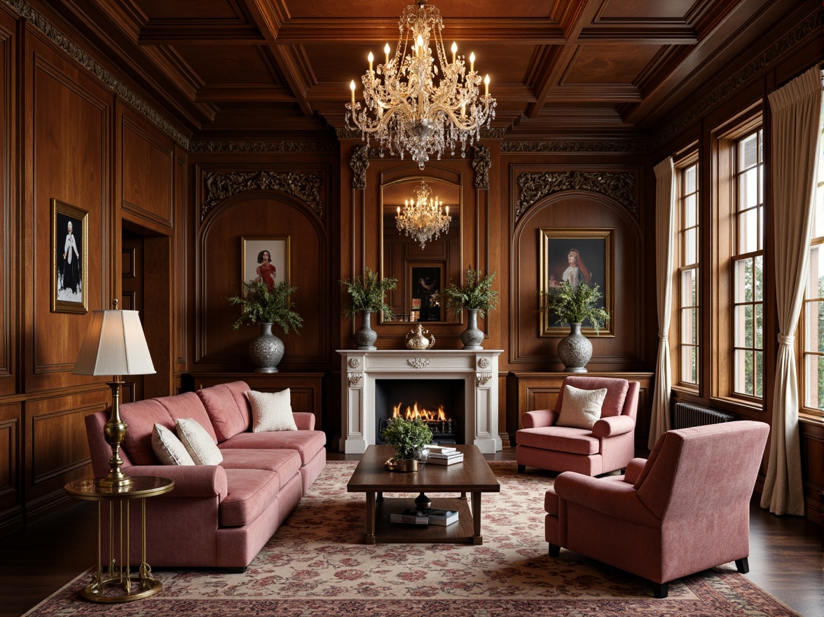 Prompt: Elegant living room, rich wooden furniture, ornate carvings, velvet upholstery, antique vases, crystal chandeliers, marble fireplaces, intricate moldings, luxurious fabrics, subtle gold accents, refined proportions, symmetrical composition, soft warm lighting, shallow depth of field, 2/3 composition, realistic textures, ambient occlusion.