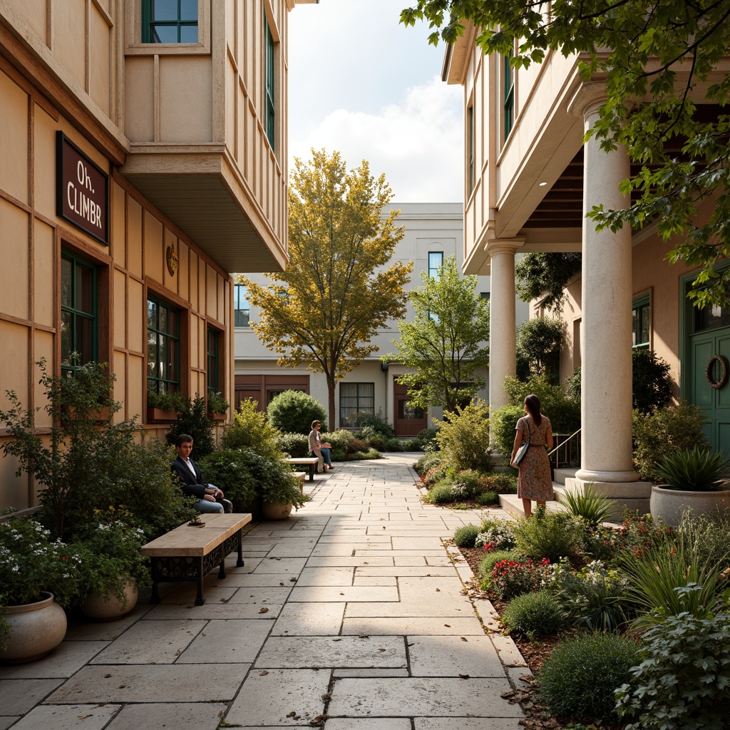 Prompt: Warm beige buildings, distressed wood accents, soft peach walls, vintage-inspired signage, lush greenery, overgrown flower boxes, rustic metal benches, weathered stone pathways, creamy white columns, ornate ironwork details, faded brick facades, muted turquoise trims, warm golden lighting, shallow depth of field, 3/4 composition, panoramic view, realistic textures, ambient occlusion.