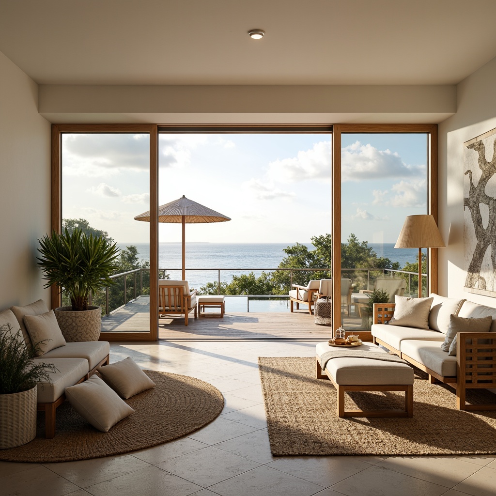 Prompt: Coastal villa, large windows, sliding glass doors, ocean views, natural light pouring in, soft warm glow, creamy white walls, driftwood furniture, woven rattan accents, jute rugs, coral-inspired decorative accessories, sea salt air, gentle breeze, outdoor patio seating area, weathered wood deck, potted tropical plants, beachy keystone pathway, shallow depth of field, 1/1 composition, bright sunny day, soft focus effect, realistic textures.