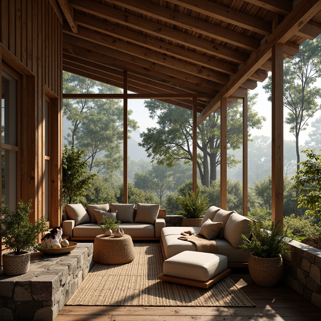 Prompt: Rustic wooden cabin, natural stone foundations, earthy tones, reclaimed wood accents, woven wicker furniture, jute rug, potted plants, earthy scents, warm soft lighting, shallow depth of field, 3/4 composition, panoramic view, realistic textures, ambient occlusion, forest surroundings, misty morning, gentle sunlight filtering through trees.