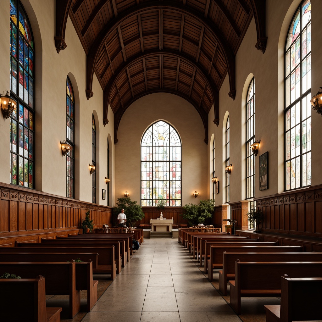 Prompt: Elegant church interior, ornate wooden pews, stunning stained glass windows, vaulted ceilings, reverberant spaces, acoustic panels, sound-absorbing materials, minimalist design, subtle color palette, warm ambient lighting, soft diffused shadows, 1/1 composition, realistic textures, ambient occlusion.