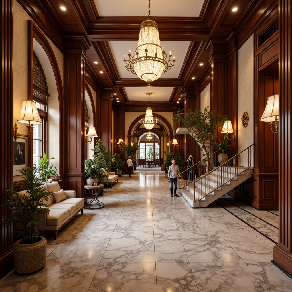 Prompt: Marble flooring, ornate columns, rich wood paneling, luxurious chandeliers, grand staircase, elegant archways, classic moldings, sophisticated color palette, high-gloss finishes, polished metal accents, lavish furnishings, stately atmosphere, symmetrical composition, soft warm lighting, subtle texture variations, realistic reflections, atmospheric depth of field.