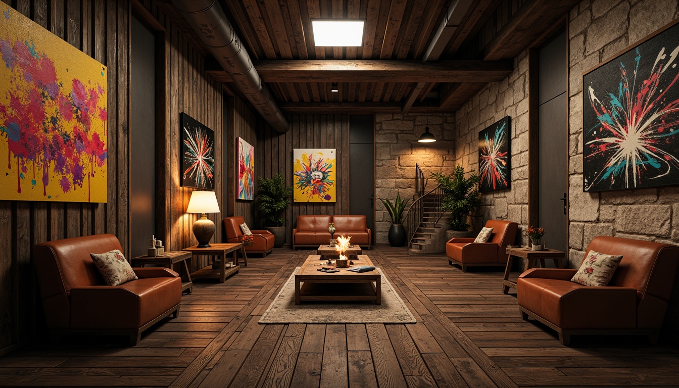 Prompt: Rustic wooden planks, distressed metal panels, rough stone walls, vibrant graffiti murals, abstract expressionist paintings, eclectic mix of vintage and modern furniture, warm candle lighting, soft focus, shallow depth of field, 1/2 composition, atmospheric perspective, cinematic color grading, high-contrast shadows.