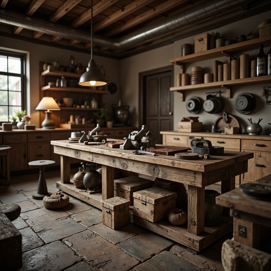 Prompt: Rustic wooden workbench, distressed finishes, metal vice grips, worn-out toolboxes, scattered hand tools, rusty machinery parts, earthy color palette, natural wood textures, stone floorings, wooden crates, vintage industrial lamps, warm soft lighting, shallow depth of field, 1/2 composition, realistic wear and tear, ambient occlusion.