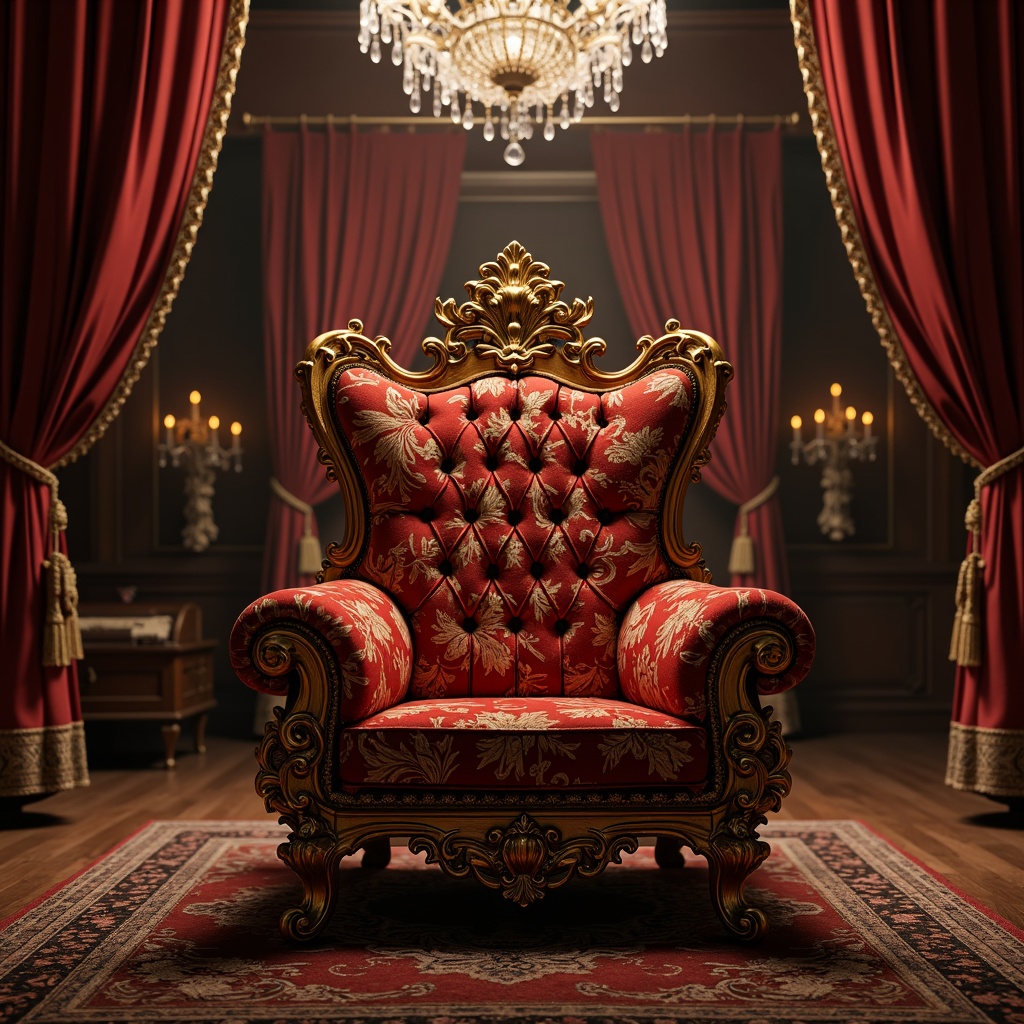 Prompt: Opulent throne-like chair, rich velvet upholstery, intricate golden embroidery, plush cushions, tufted detailing, regal red and gold color scheme, ornate carvings, curved wooden legs, lavish silk drapes, crystal chandelier, grandiose architecture, high-contrast lighting, dramatic shadows, 1/1 composition, shallow depth of field, realistic textures.