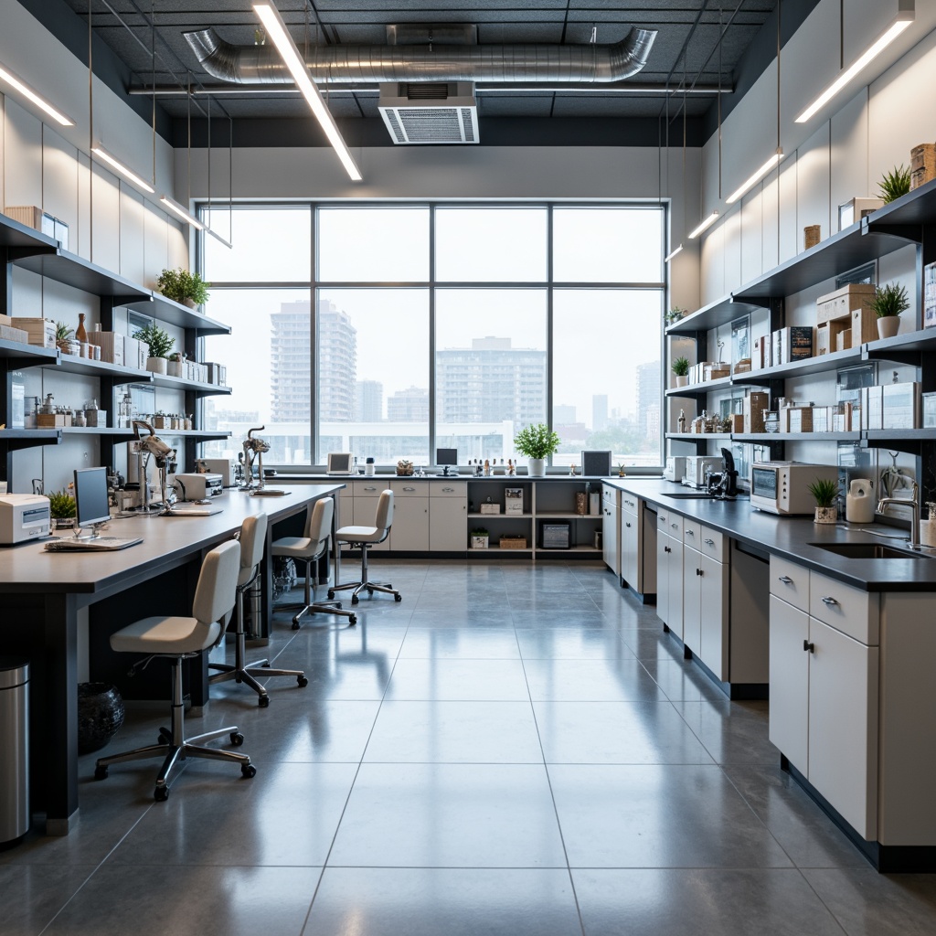 Prompt: Modern laboratory interior, sleek metal tables, ergonomic stools, built-in cabinetry, modular shelving units, high-intensity task lighting, flexible workstations, fume hoods, epoxy resin countertops, adjustable shelving systems, industrial-grade flooring, stainless steel sinks, precision equipment, microscopes, pipettes, centrifuges, data analysis software, collaborative work environments, open floor plans, minimal aesthetic, bright color schemes, indirect overhead lighting, 3/4 composition, shallow depth of field, realistic textures.