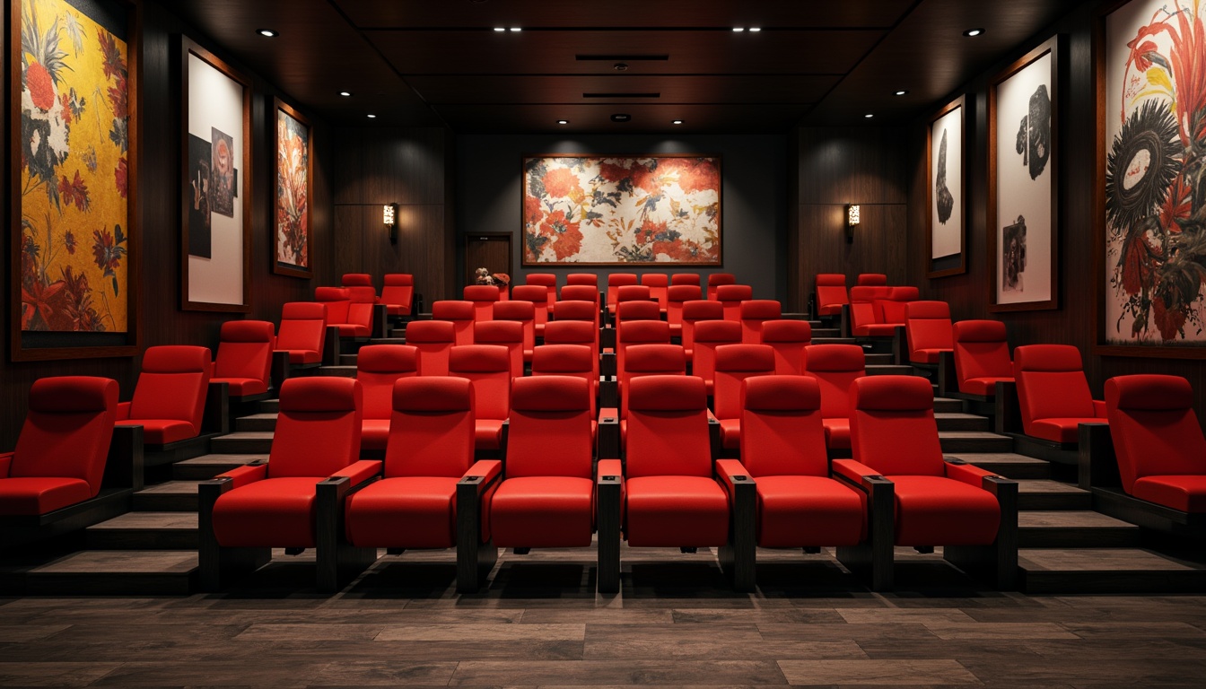 Prompt: Contemporary theater interior, avant-garde seating arrangement, bold red velvet chairs, sleek metal frames, minimalist design, spotlights, dark wood flooring, geometric patterns, abstract artwork, urban loft atmosphere, intimate setting, dramatic lighting, shallow depth of field, 1/1 composition, warm color palette, luxurious textiles, metallic accents, futuristic vibe, state-of-the-art sound system.