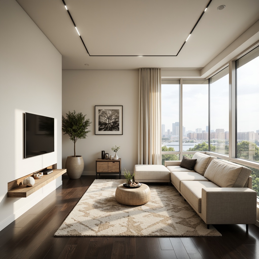 Prompt: Minimalist living room, sleek modern furniture, polished chrome accents, floor-to-ceiling windows, natural light pouring in, creamy white walls, dark wood flooring, geometric patterned rug, low-profile sofa, built-in shelving units, hidden LED lighting, subtle color palette, calm ambiance, shallow depth of field, 1/1 composition, realistic textures, ambient occlusion.