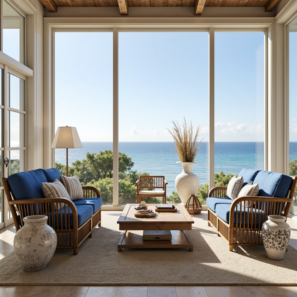 Prompt: Coastal living room, ocean views, large windows, natural light, driftwood furniture, woven rattan chairs, plush blue cushions, coral-inspired vases, shell-adorned decorative accents, distressed wood coffee tables, nautical-themed throw pillows, soft beige area rugs, beachy texture, calming color palette, warm sunny day, shallow depth of field, 1/1 composition, realistic reflections, ambient occlusion.