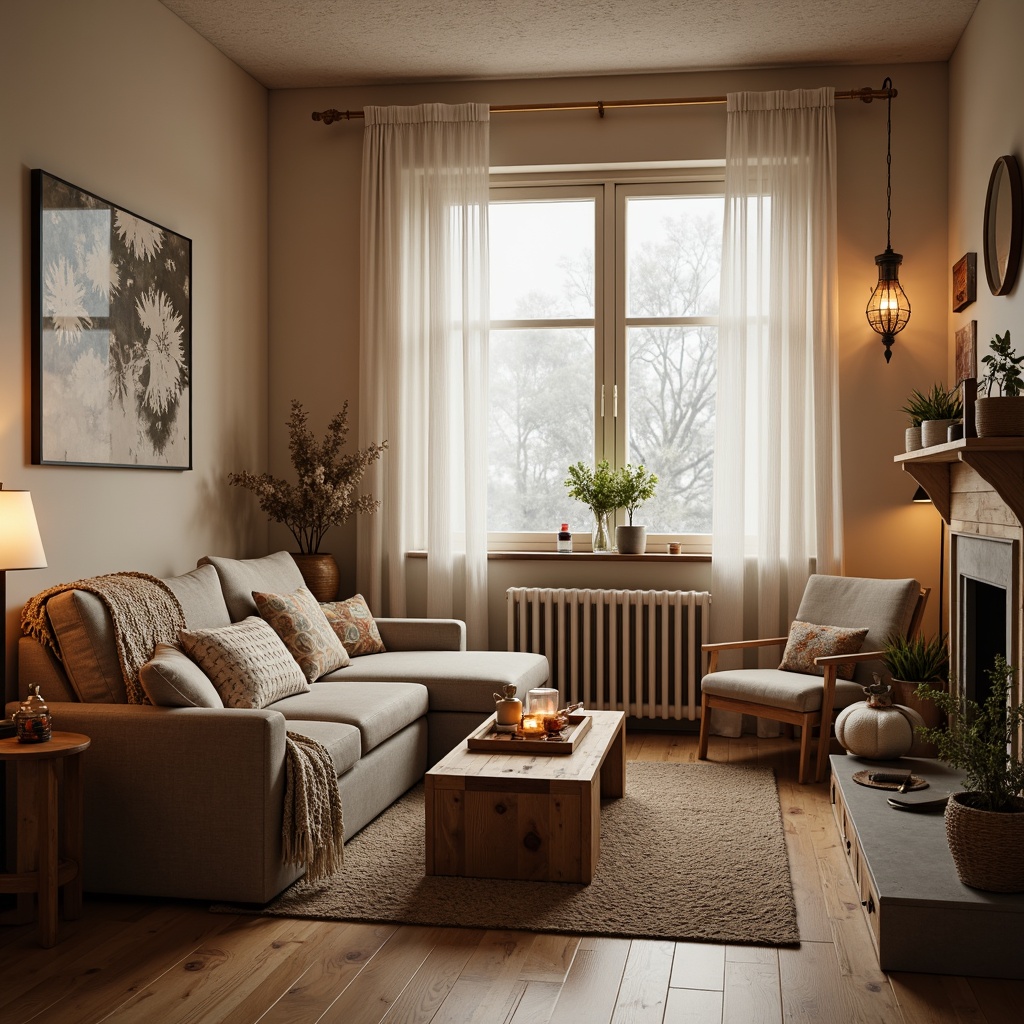 Prompt: Cozy Scandinavian family room, warm beige walls, light wood flooring, plush throw blankets, comfortable sofas, rustic wooden coffee tables, soft candlelight, warm floor lamps, minimalist pendant lights, natural daylight, sheer white curtains, snowflake patterns, frosty winter morning, gentle warm glow, 1/1 composition, shallow depth of field, realistic textures, ambient occlusion.