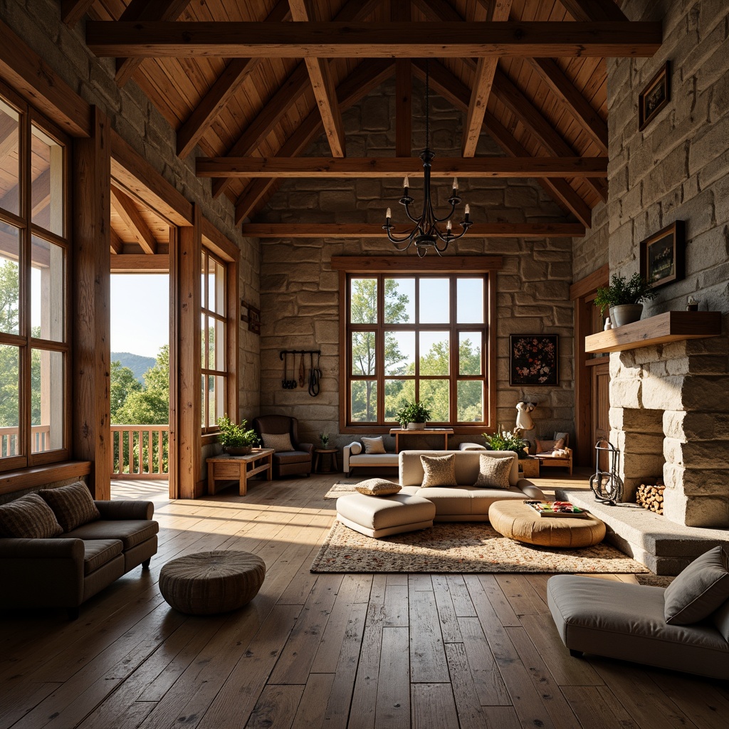 Prompt: Rustic farmhouse, open floor plan, wooden beams, high ceilings, natural stone walls, reclaimed wood floors, vintage farm tools, cozy reading nooks, plush furniture, earthy color palette, warm soft lighting, shallow depth of field, 1/1 composition, panoramic view, realistic textures, ambient occlusion.