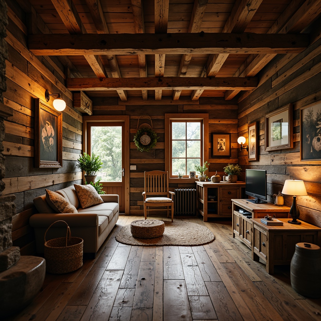 Prompt: Rustic cabin, wooden planks, distressed finishes, earthy tones, natural textures, reclaimed wood floors, stone accents, wooden beams, cozy atmosphere, warm lighting, rustic decor, vintage furniture, natural fiber rugs, woven baskets, wooden crates, lantern-style lighting, 3/4 composition, shallow depth of field, warm color palette.