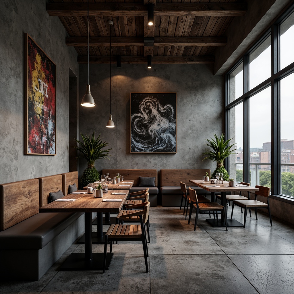 Prompt: Raw concrete walls, industrial metal beams, reclaimed wood accents, moody dark tones, bold color blocking, rich walnut tables, sleek steel chairs, minimalist pendant lighting, brutalist architectural elements, urban cityscape views, gritty textures, dramatic shadows, high-contrast lighting, 1/1 composition, realistic renderings, atmospheric misting.