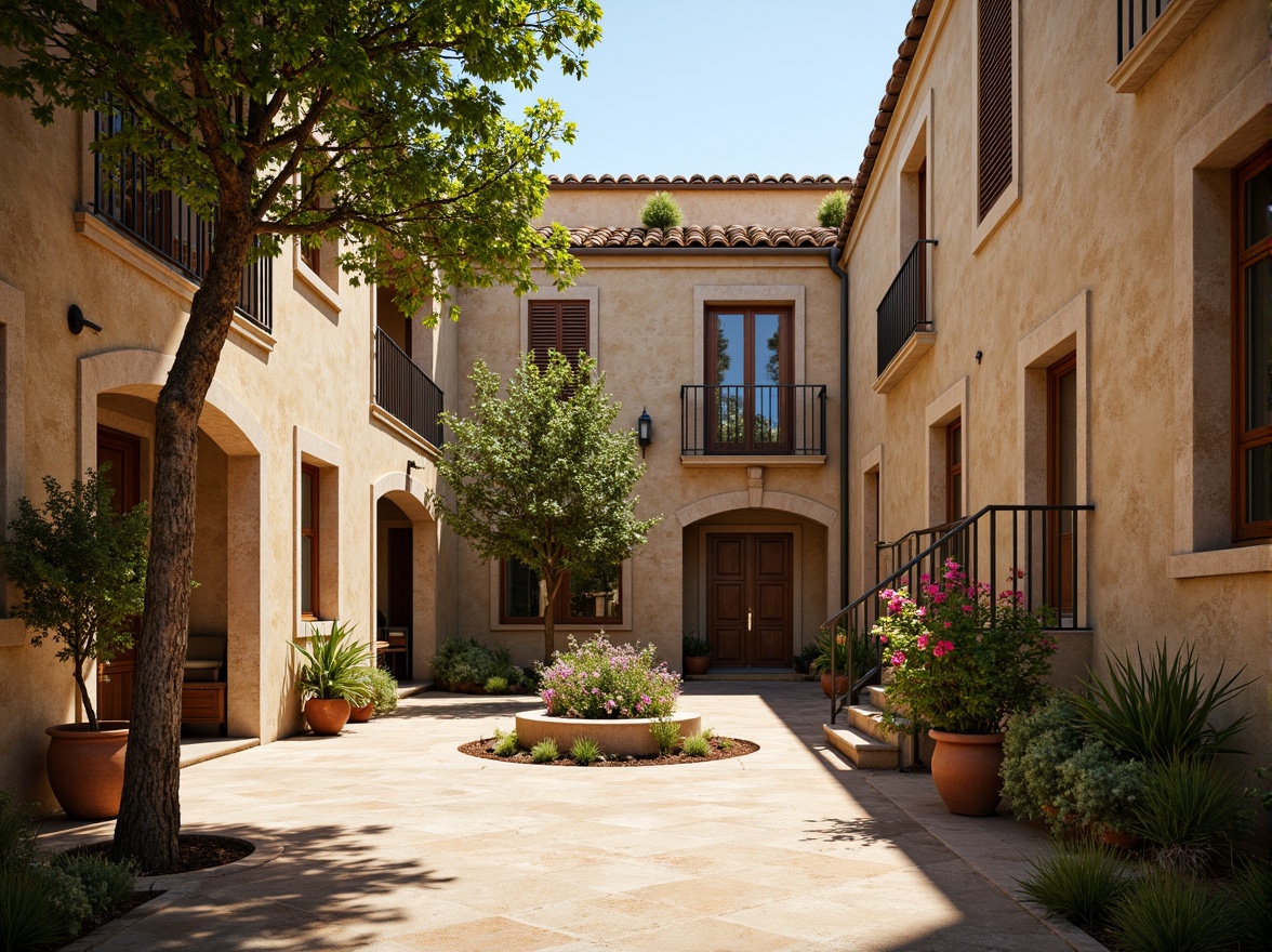 Prompt: Sun-kissed Mediterranean courtyard, rustic stone walls, lush greenery, olive trees, vibrant bougainvillea, terracotta pots, wrought iron balconies, arched windows, wooden shutters, sandy beige stucco, curved lines, ornate tile work, warm earthy colors, soft natural light, dappled shade, 1/1 composition, intimate atmosphere, ambient occlusion, realistic textures.