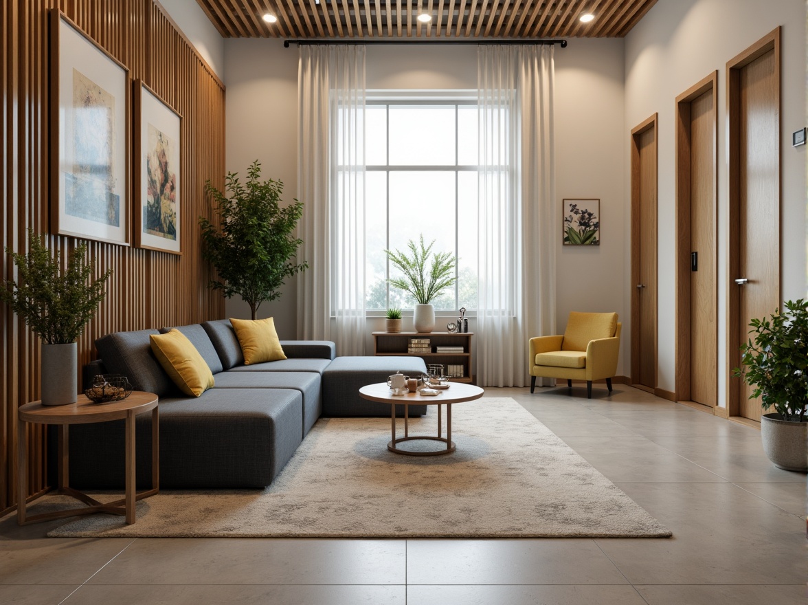 Prompt: Professional office interior, neutral beige walls, rich wood accents, sophisticated dark grey furniture, pops of calming blue, energizing yellow, natural textiles, subtle patterns, modern minimalist decor, ample natural light, soft warm ambiance, 1/1 composition, realistic renderings, ambient occlusion.