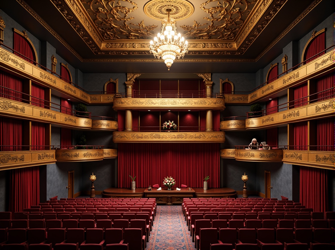 Prompt: Luxurious theater interior, rich velvet curtains, golden ornate details, dramatic red accents, deep blue tones, majestic chandeliers, intricate moldings, plush seating areas, warm spotlighting, soft diffuse lighting, cinematic atmosphere, opulent textures, lavish patterns, grandiose scale, symmetrical composition, realistic reflections, high-contrast color scheme.