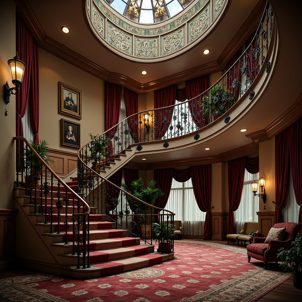 Prompt: Intricate ironwork banisters, flowing organic lines, sinuous curves, ornate metal fixtures, decorative railings, grand staircase landings, luxurious velvet drapes, richly patterned carpets, ornamental newel posts, carved wooden accents, gilded details, soft warm lighting, shallow depth of field, 3/4 composition, realistic textures, ambient occlusion.