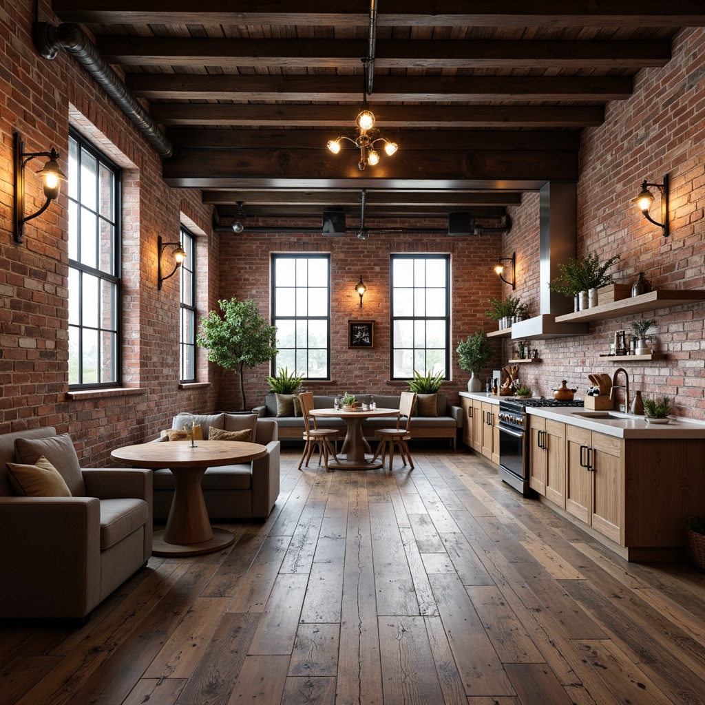 Prompt: Exposed brick walls, distressed wood floors, industrial metal beams, vintage decorative lighting, reclaimed wooden furniture, earthy color palette, natural stone countertops, minimalist ornamentation, urban loft atmosphere, high ceilings, large windows, soft warm lighting, shallow depth of field, 3/4 composition, realistic textures, ambient occlusion.