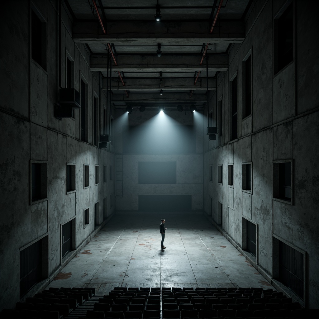 Prompt: Harsh concrete auditorium, industrial brutalist architecture, exposed ductwork, raw concrete walls, steel beams, minimalist lighting fixtures, dramatic high-contrast lighting, stark shadows, intense spotlights, cold white light, ambient occlusion, realistic textures, 3/4 composition, low-angle shot, cinematic mood, eerie atmosphere, avant-garde performances, experimental music, underground art scenes.