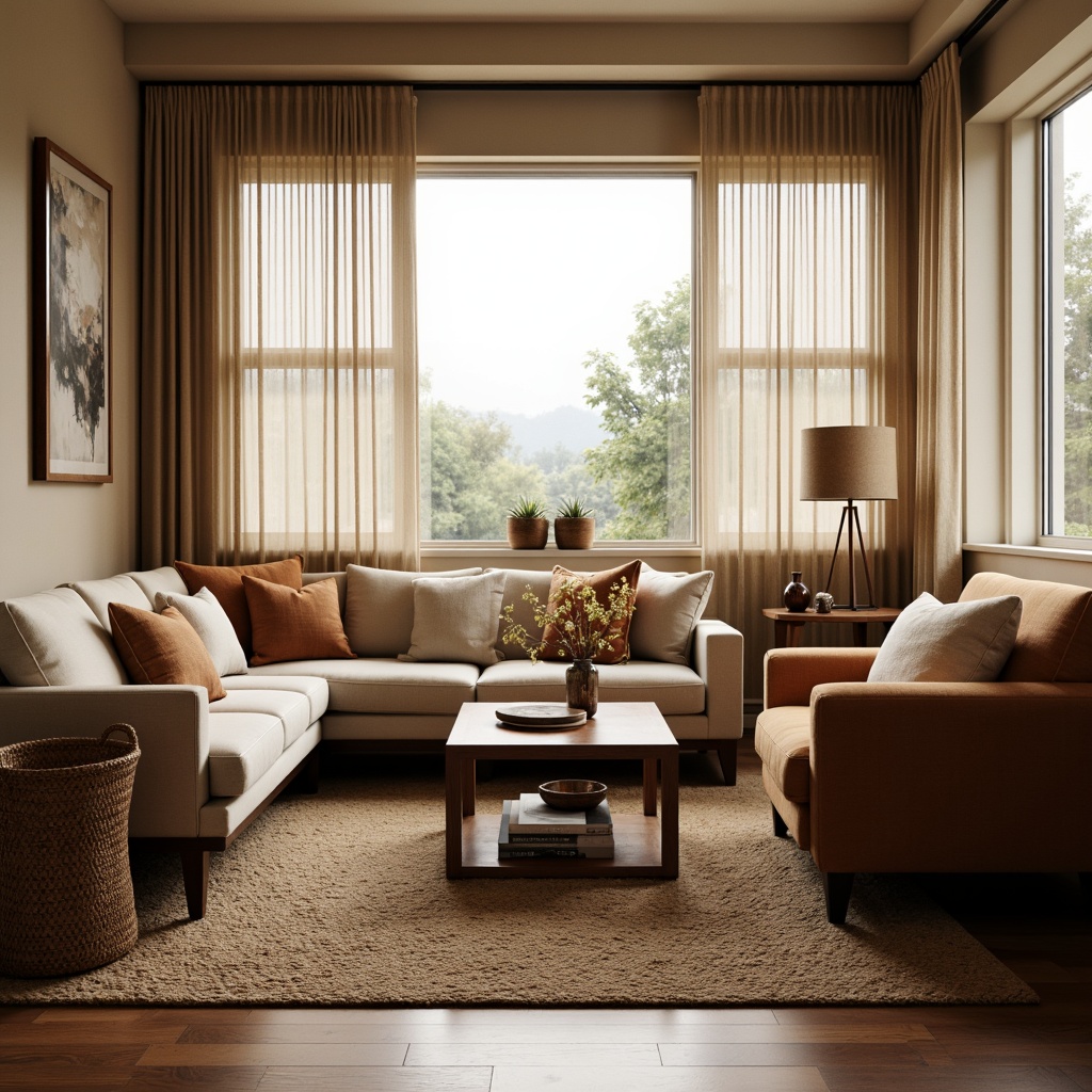 Prompt: Cozy living room, plush sofas, velvet armchairs, wooden coffee tables, soft cushions, woven baskets, natural fiber rugs, warm beige walls, large windows, gentle daylight, sheer curtains, ambient lighting, 3/4 composition, intimate atmosphere, realistic textures, subtle shadows.