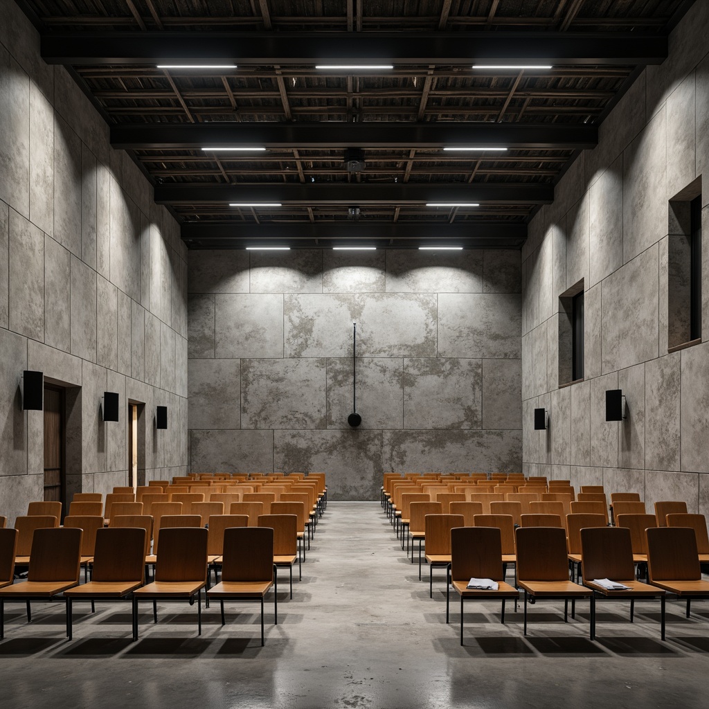 Prompt: Exposed concrete walls, rugged textures, brutalist architecture, auditorium seating, wooden benches, industrial-style lighting, metal beams, raw concrete floors, minimalist decor, dramatic spotlights, high ceilings, natural stone accents, urban atmosphere, overcast day, softbox lighting, 1/2 composition, realistic reflections, ambient occlusion.