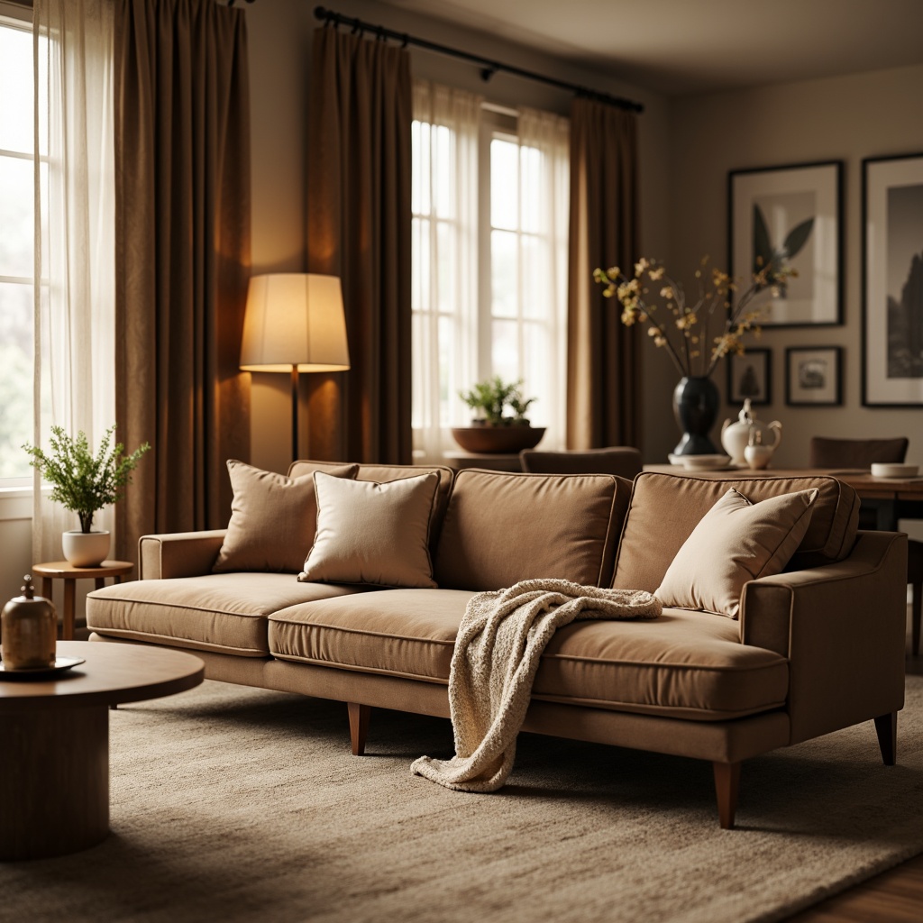 Prompt: Luxurious living room, plush velvet sofa, soft silk throw pillows, warm beige carpet, natural linen curtains, rustic wooden coffee table, modern minimalist lamp, cozy ambient lighting, shallow depth of field, 1/1 composition, realistic textures, ambient occlusion.