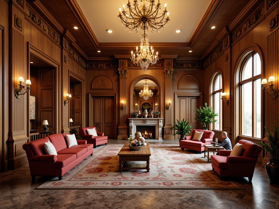 Prompt: Elegant youth center, refined wood furniture, ornate carvings, plush velvet sofas, luxurious marble floors, grand chandeliers, stately columns, intricate moldings, richly patterned rugs, majestic wooden doors, warm golden lighting, soft focus, 1/1 composition, symmetrical framing, realistic textures, subtle ambient occlusion.